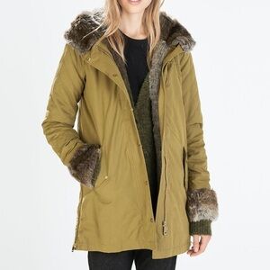 Zara khaki parka with faux-fur lining and trim on the collar and cuffs.